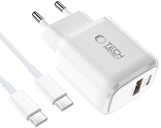 Chargeur réseau avec câble USB-C Tech-Protect NCA45W, 45W, 3A, 1 x USB-A - 1 x USB-C, Blanc