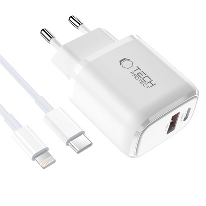 Chargeur secteur avec câble Lightning Tech-Protect NCA20, 20W, 3A, 1 x USB-A - 1 x USB-C, Blanc