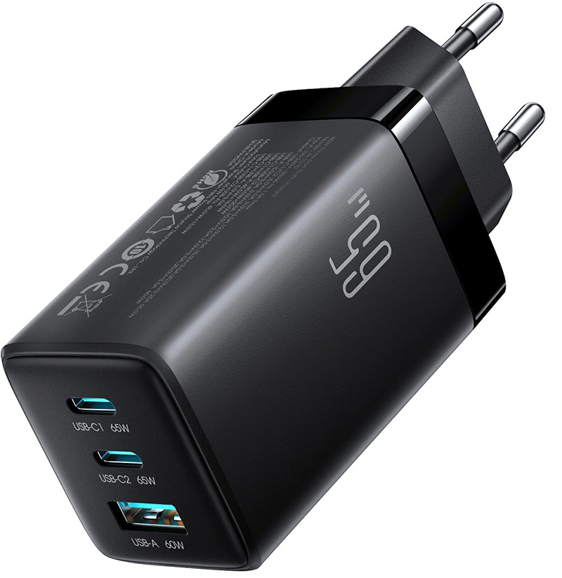 Chargeur secteur avec câble USB-C Joyroom JR-TG10, 65W, 3,25A, 1 x USB-A - 2 x USB-C, Noir
