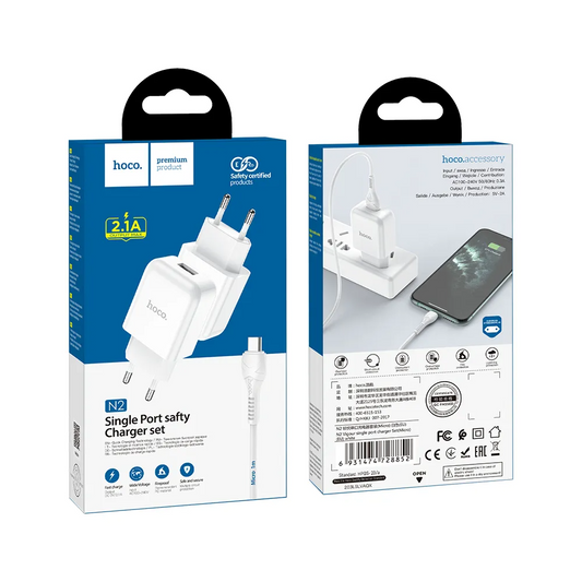 Chargeur Secteur avec Câble microUSB HOCO N3, 18W, 3A, 1 x USB-A, Blanc