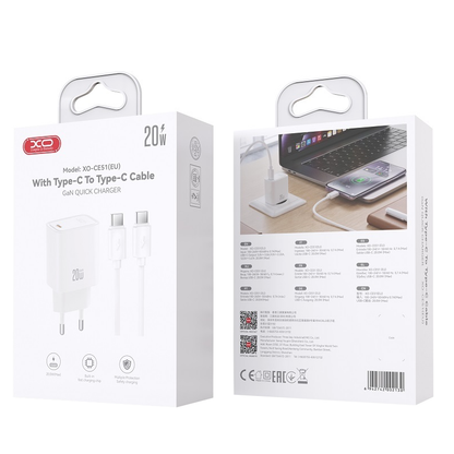 Chargeur secteur avec câble USB-C XO Design CE51, 20 W, 3 A, 1 x USB-C, blanc