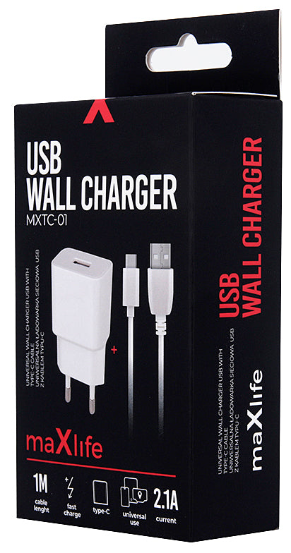 Chargeur secteur avec câble USB-C MaXlife MXTC-01, 10,5W, 2,1A, 1 x USB-A, Blanc
