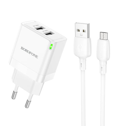 Chargeur réseau avec câble microUSB Borofone BN15 Strong, 10.5W, 2.1A, 2 x USB-A, Blanc 