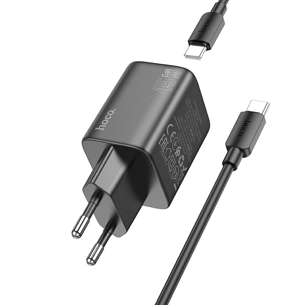 Chargeur réseau avec câble USB-C HOCO N42, 45W, 3A, 2 x USB-C, noir 