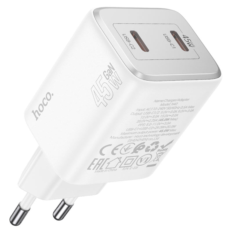 Chargeur réseau avec câble Lightning HOCO N42, 45W, 3A, 2 x USB-C, blanc 