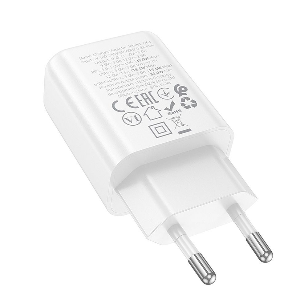 Chargeur Réseau HOCO N63, 30W, 3A, 1 x USB-A - 1 x USB-C, Blanc