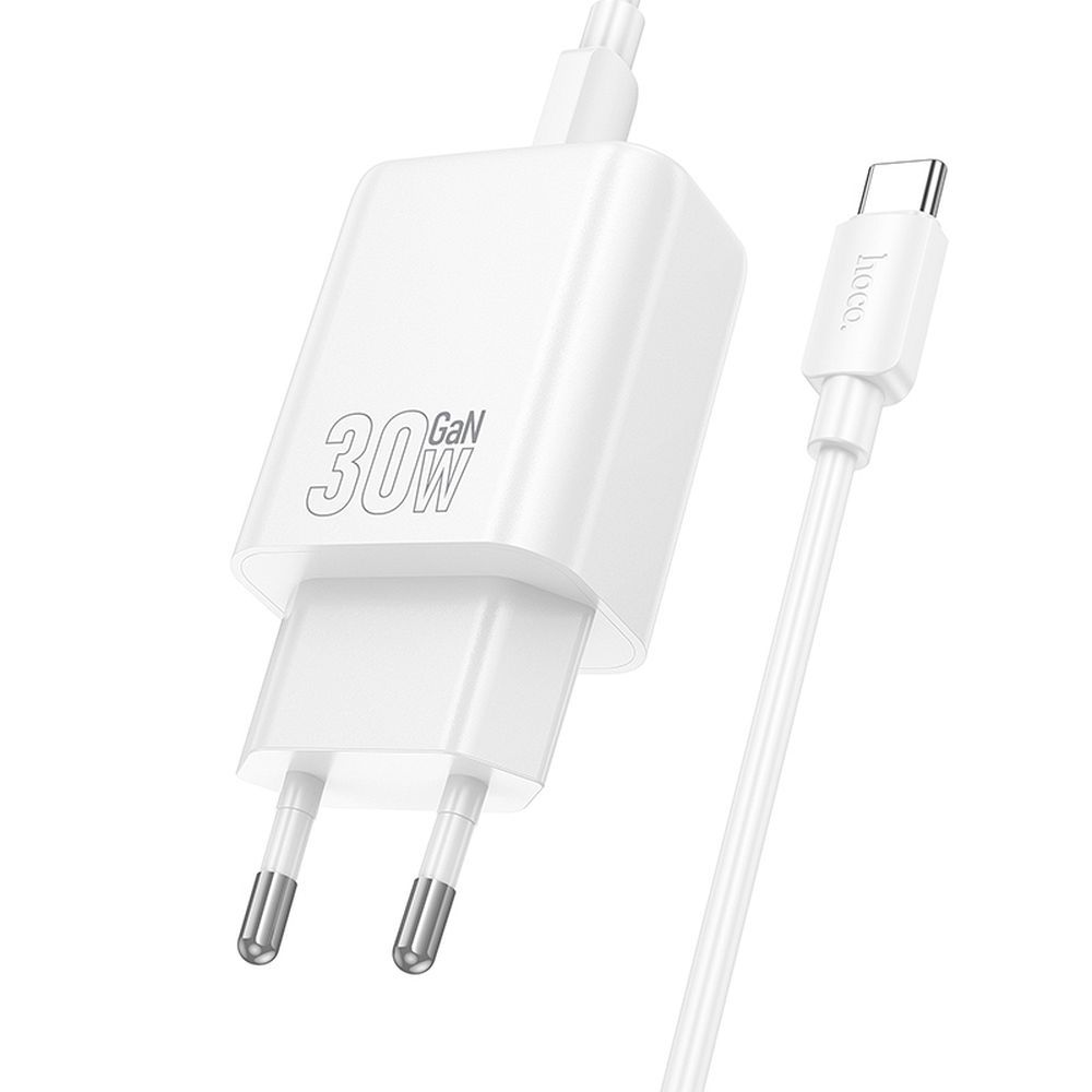 Chargeur réseau avec câble USB-C HOCO N63, 30W, 3A, 1 x USB-A - 1 x USB-C, Blanc