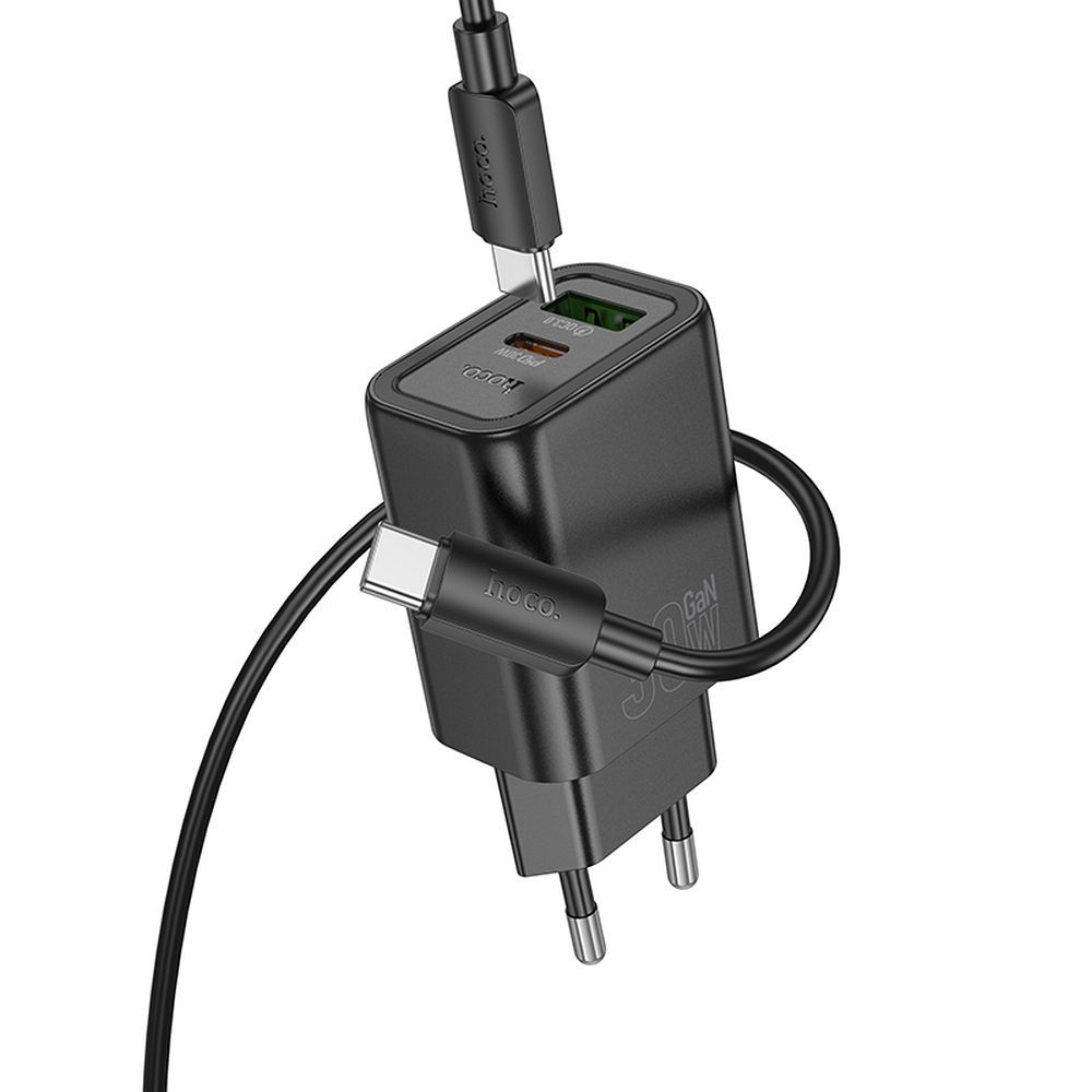 Chargeur réseau avec câble USB-C HOCO N63, 30W, 3A, 1 x USB-A - 1 x USB-C, Noir