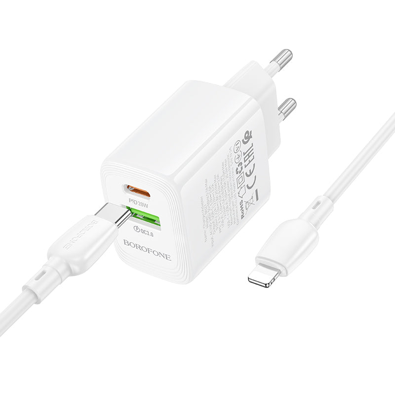 Chargeur réseau avec câble Lightning Borofone BN27 Fuente, 20W, 3A, 1 x USB-A - 1 x USB-C, Blanc
