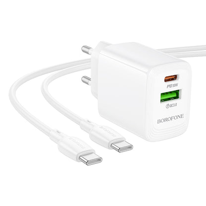 Chargeur réseau avec câble USB-C Borofone BN29 Fuente, 30W, 3A, 1 x USB-A - 1 x USB-C, Blanc