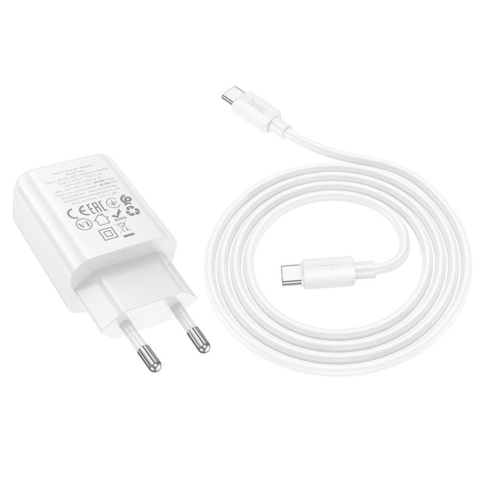 Chargeur réseau avec câble USB-C HOCO N62, 30W, 3A, 1 x USB-C, Blanc