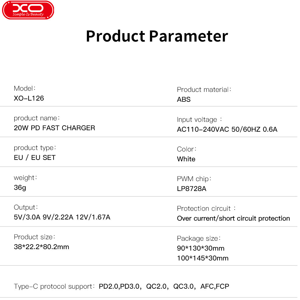 Chargeur réseau avec câble USB-C XO Design L126, 20W, 3A, 1 x USB-C, Blanc
