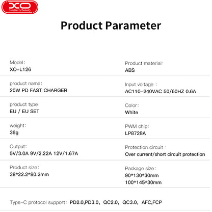 Chargeur réseau avec câble USB-C XO Design L126, 20W, 3A, 1 x USB-C, Blanc