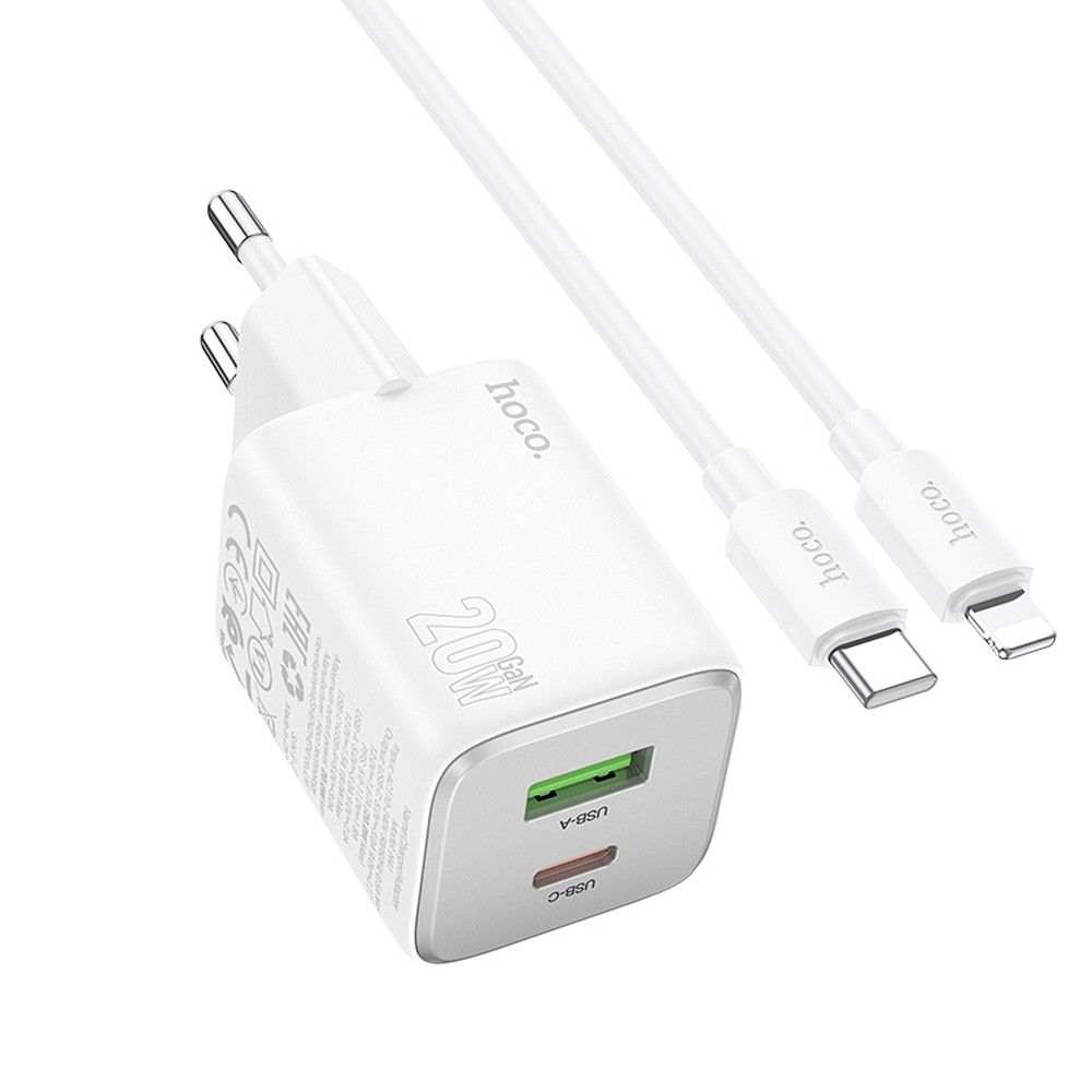 Chargeur réseau avec câble Lightning HOCO N41, 20W, 3A, 1 x USB-A - 1 x USB-C, Blanc