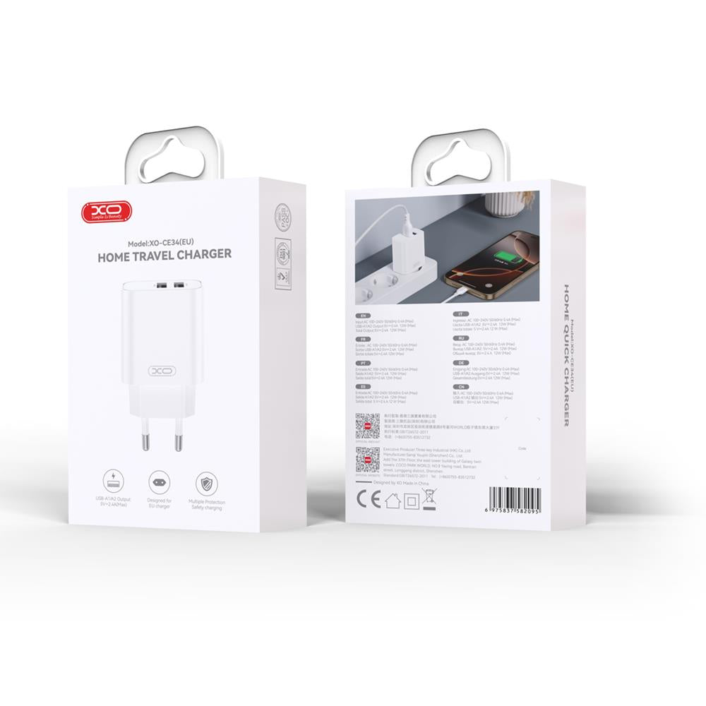 Chargeur réseau avec câble microUSB XO Design CE34, 12W, 2.4A, 2 x USB-A, Blanc