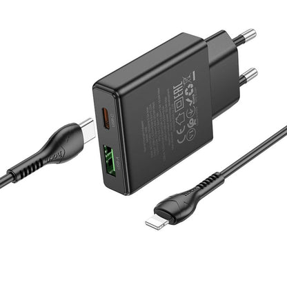 Chargeur réseau avec câble Lightning HOCO N38, 20W, 3A, 1 x USB-A - 1 x USB-C, Noir