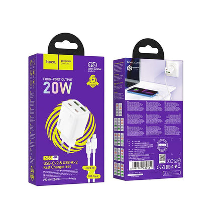 Network Charger with Lightning Cable HOCO N55, 20W, 3A, 2 x USB-A - 2 x USB-C, White