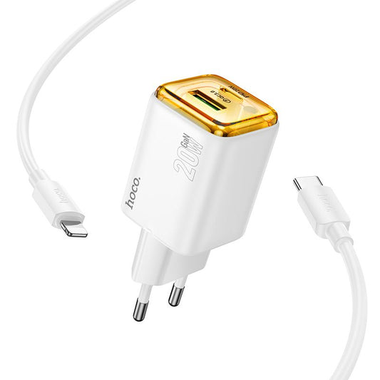 Chargeur réseau avec câble USB-C HOCO N52, 20W, 3A, 1 x USB-A - 1 x USB-C, Blanc