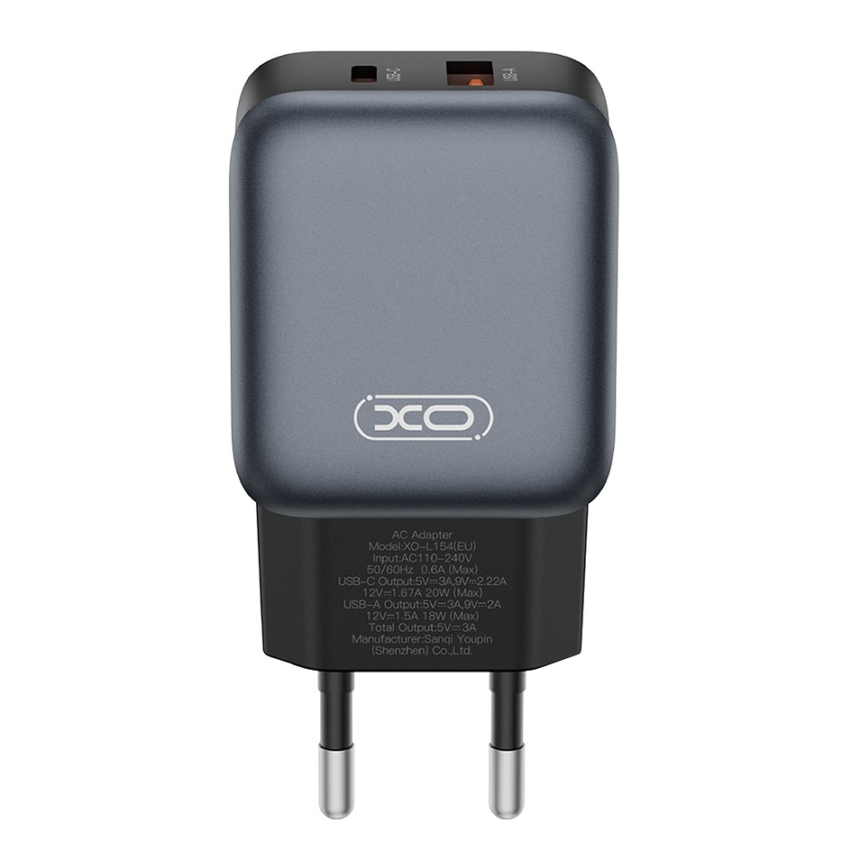 Chargeur Réseau avec Câble Lightning XO Design L154, 20W, 3A, 1 x USB-A - 1 x USB-C, Noir