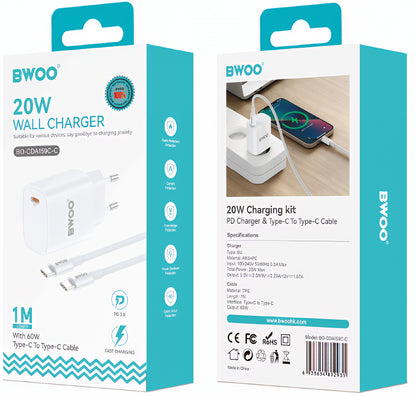 Network Charger with USB-C Cable BWOO CDA159, 20W, 3A, 1 x USB-C, White