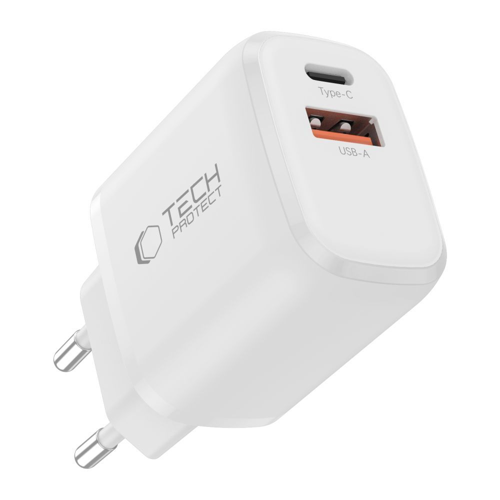 Chargeur secteur avec câble Lightning Tech-Protect NCA20, 20W, 3A, 1 x USB-A - 1 x USB-C, Blanc