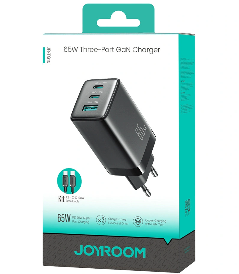 Chargeur secteur avec câble USB-C Joyroom JR-TG10, 65W, 3,25A, 1 x USB-A - 2 x USB-C, Noir
