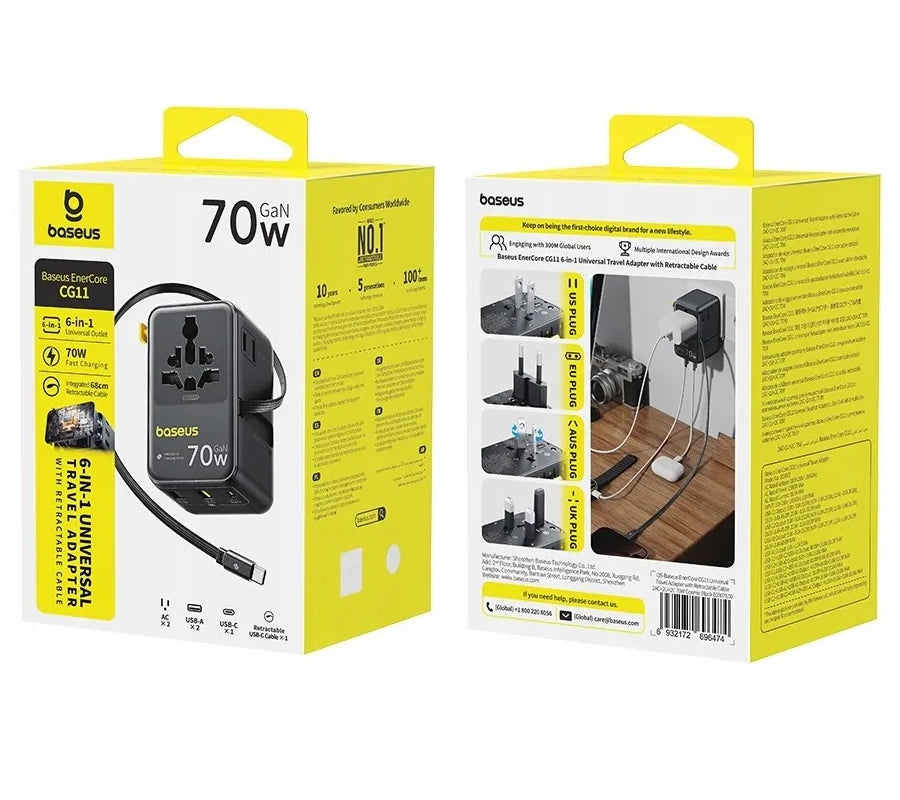 Chargeur secteur avec câble USB-C Baseus Travel EnerCore CG11, 70W, 2 x prise - 1 x USB-C - 2 x USB-A, Noir E0307E00