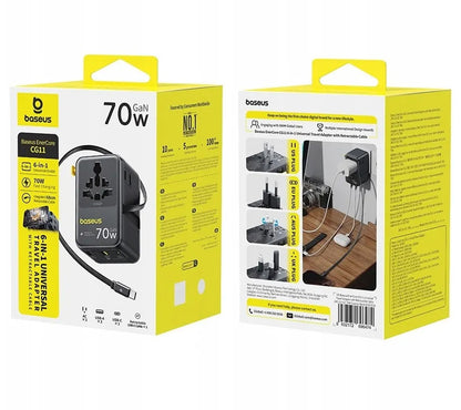 Chargeur secteur avec câble USB-C Baseus Travel EnerCore CG11, 70W, 2 x prise - 1 x USB-C - 2 x USB-A, Noir E0307E00