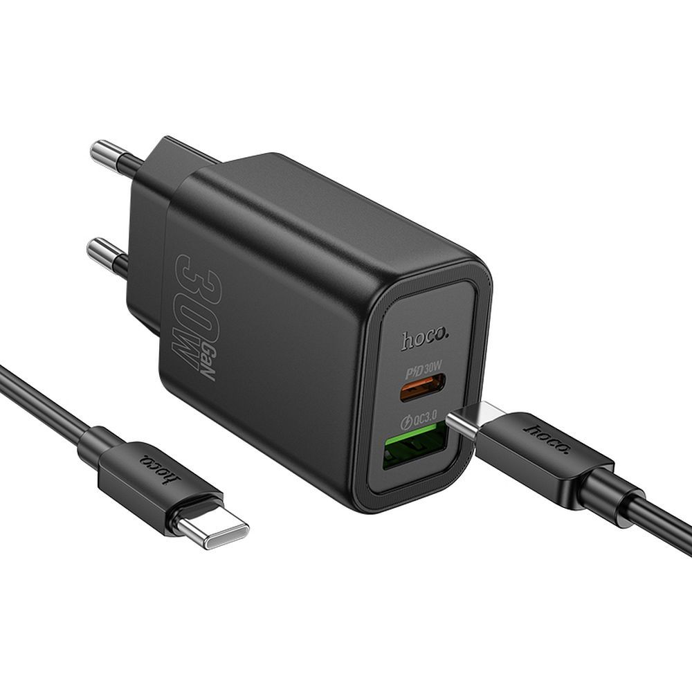 Chargeur réseau avec câble USB-C HOCO N63, 30W, 3A, 1 x USB-A - 1 x USB-C, Noir