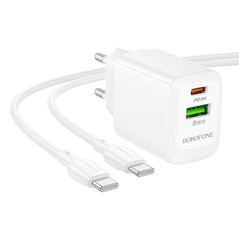 Chargeur réseau avec câble USB-C Borofone BN27 Fuente, 20W, 3A, 1 x USB-A - 1 x USB-C, Blanc