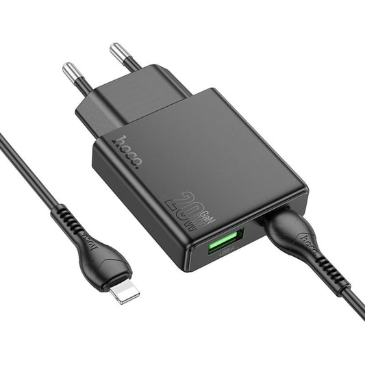 Chargeur réseau avec câble Lightning HOCO N38, 20W, 3A, 1 x USB-A - 1 x USB-C, Noir