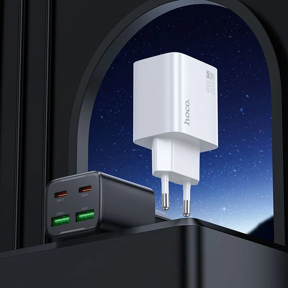 Chargeur réseau avec câble USB-C HOCO N55, 20W, 3A, 2 x USB-A - 2 x USB-C, Blanc