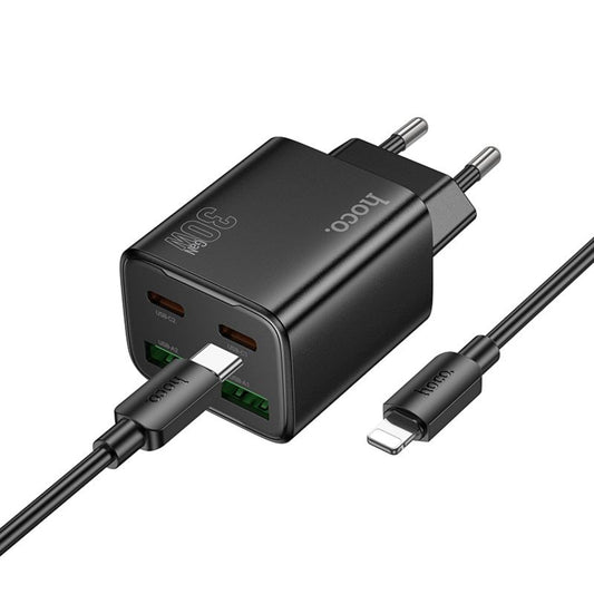 Chargeur réseau avec câble Lightning HOCO N56, 30W, 3A, 2 x USB-A - 2 x USB-C, Noir