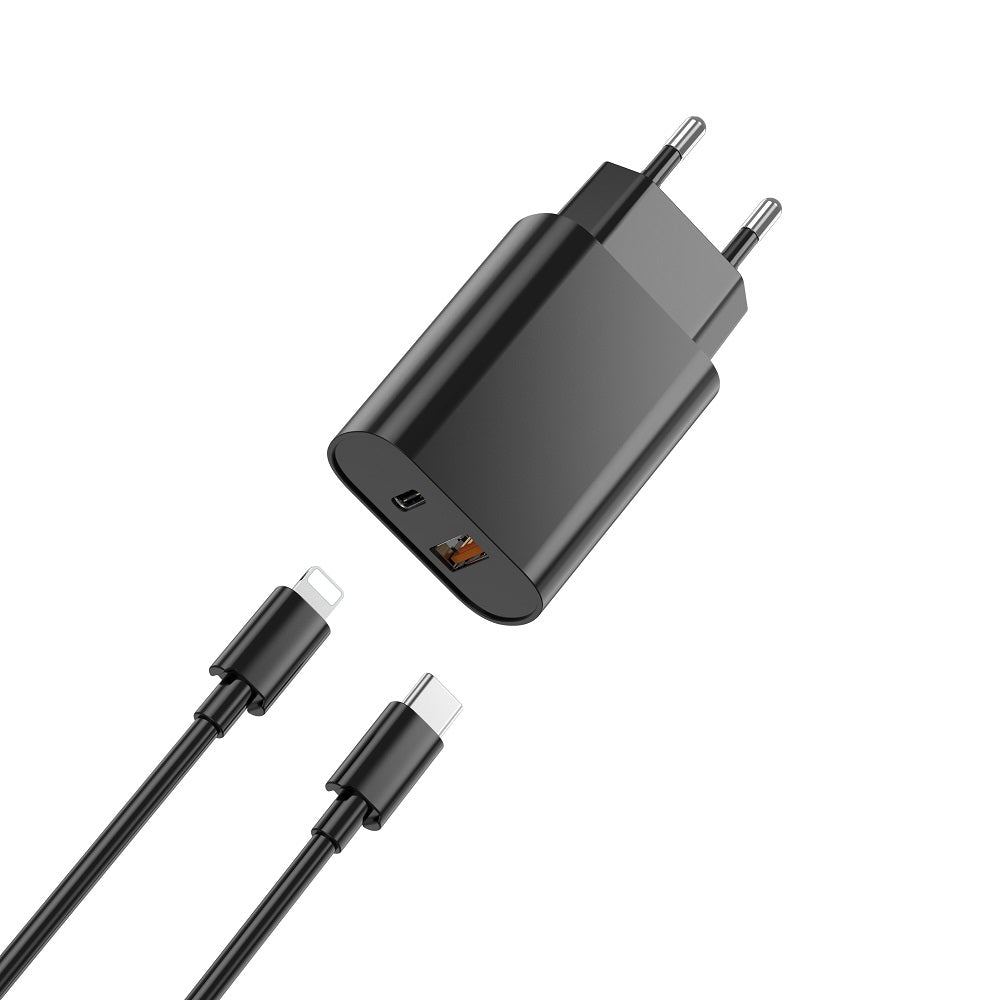 Chargeur réseau avec câble Lightning WiWu Wi-U002, 20W, 3A, 1 x USB-A - 1 x USB-C, Noir