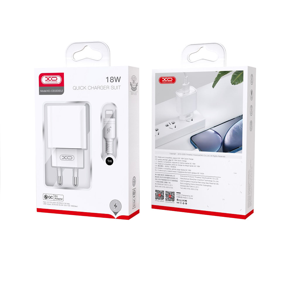 Chargeur réseau avec câble Lightning XO Design CE02D, 18W, 3A, 1 x USB-A, Blanc