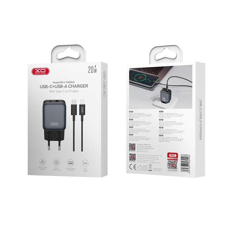 Chargeur Réseau avec Câble Lightning XO Design L154, 20W, 3A, 1 x USB-A - 1 x USB-C, Noir
