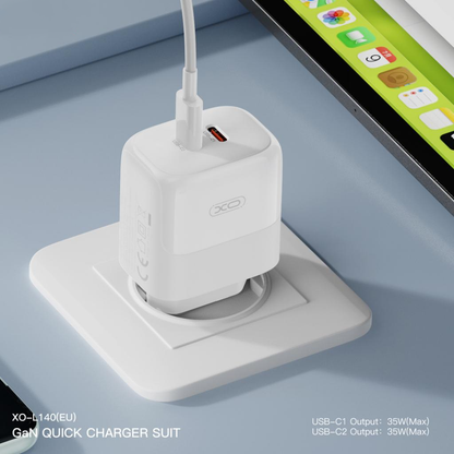 Chargeur réseau avec câble Lightning XO Design L140, 35W, 3A, 2 x USB-C, Blanc