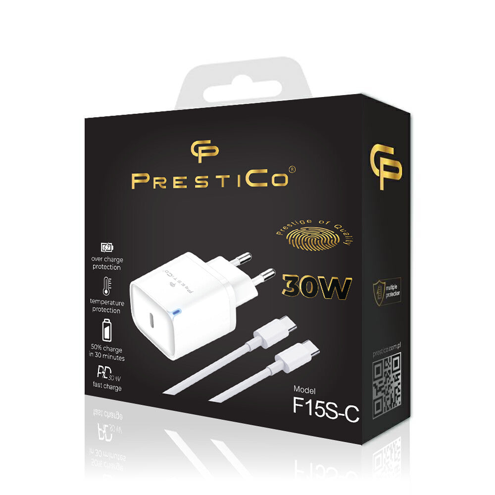 Chargeur réseau avec câble USB-C Prestico F15S-C, 30W, 3A, 1 x USB-C, Blanc