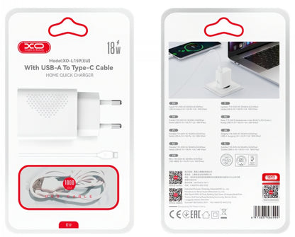 Chargeur réseau avec câble USB-C XO Design L159, 18W, 3A, 1 x USB-A, Blanc