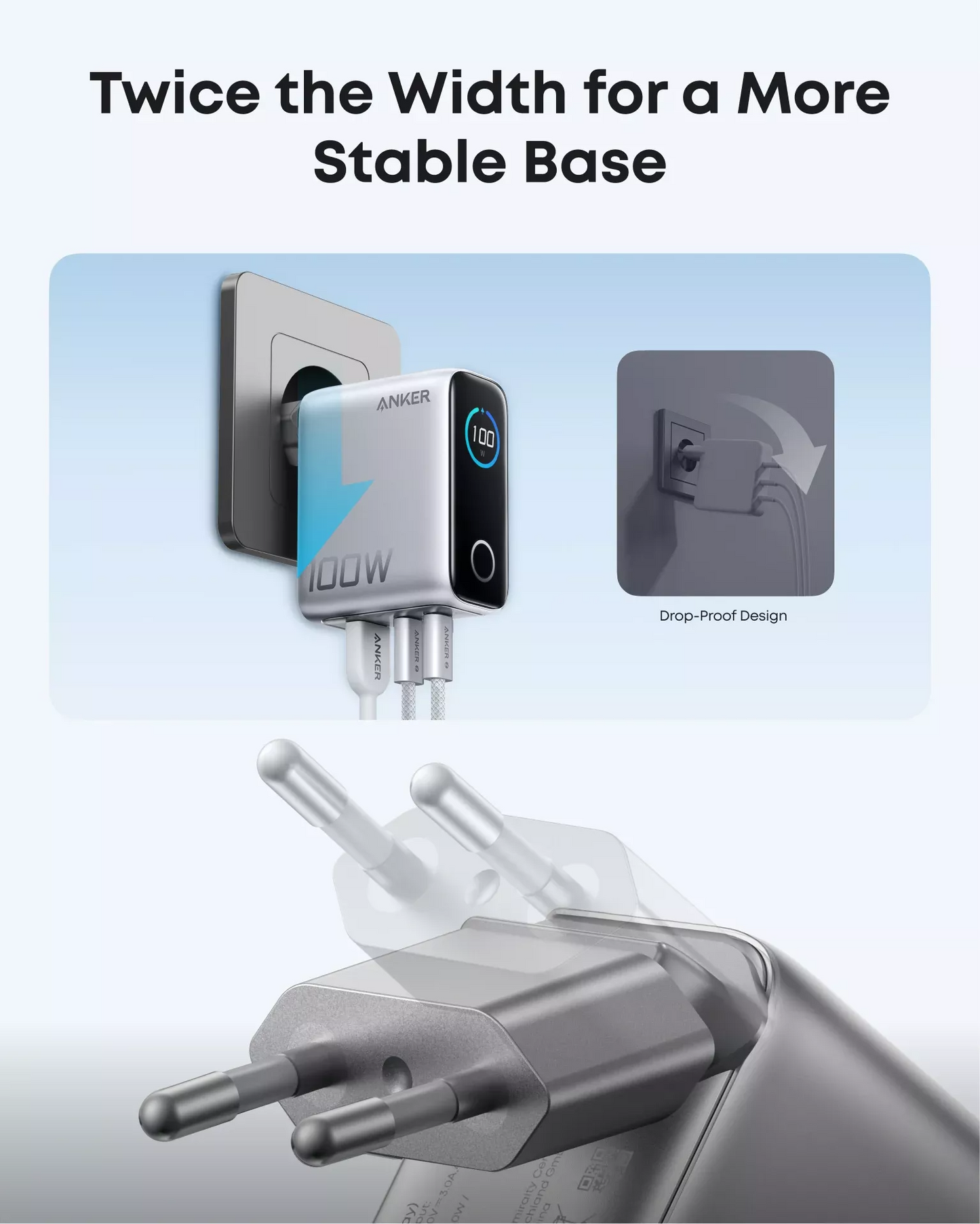 Chargeur réseau avec câble USB-C Anker Smart Display, 100W, 5A, 1 x USB-A - 2 x USB-C, Argenté B121BG41