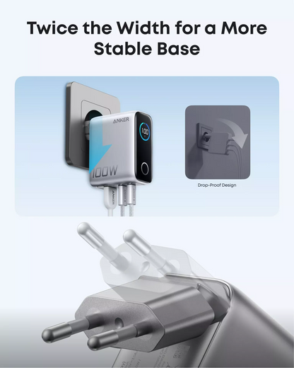 Chargeur réseau avec câble USB-C Anker Smart Display, 100W, 5A, 1 x USB-A - 2 x USB-C, Argenté B121BG41