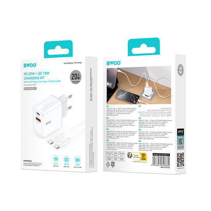 Network Charger with USB-C Cable BWOO CDA182, 38W, 3A, 1 x USB-A - 1 x USB-C, White