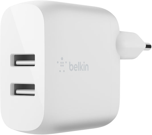 Chargeur secteur avec câble USB-C Belkin BoostCharge Dual, 24W, 2.4A, 2 x USB-A, Blanc WCE001vf1MWH