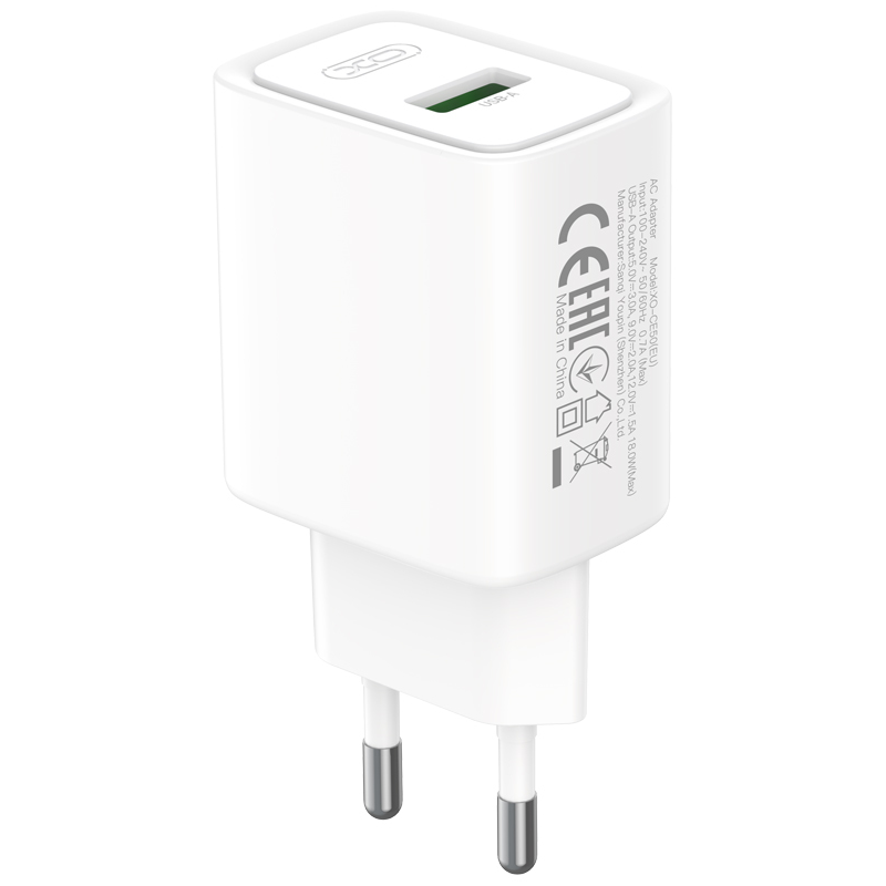 Chargeur secteur avec câble USB-C XO Design CE50, 18 W, 3 A, 1 port USB-A, blanc