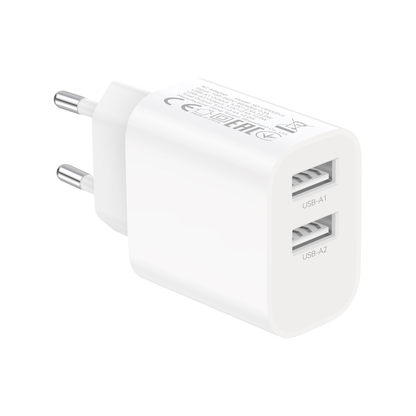 XO Design CE55 Mains Charger with USB-C Cable, 12W, 2.4A, 2 x USB-A, White