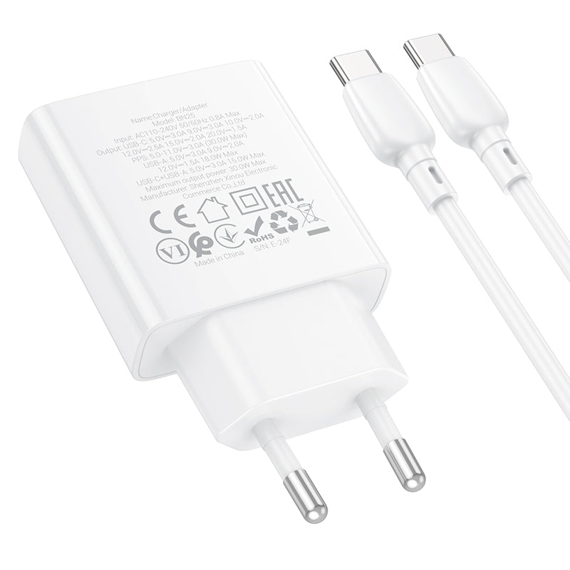 Chargeur réseau avec câble USB-C Borofone BN25 Wish, 30W, 3A, 1 x USB-A - 1 x USB-C, blanc 