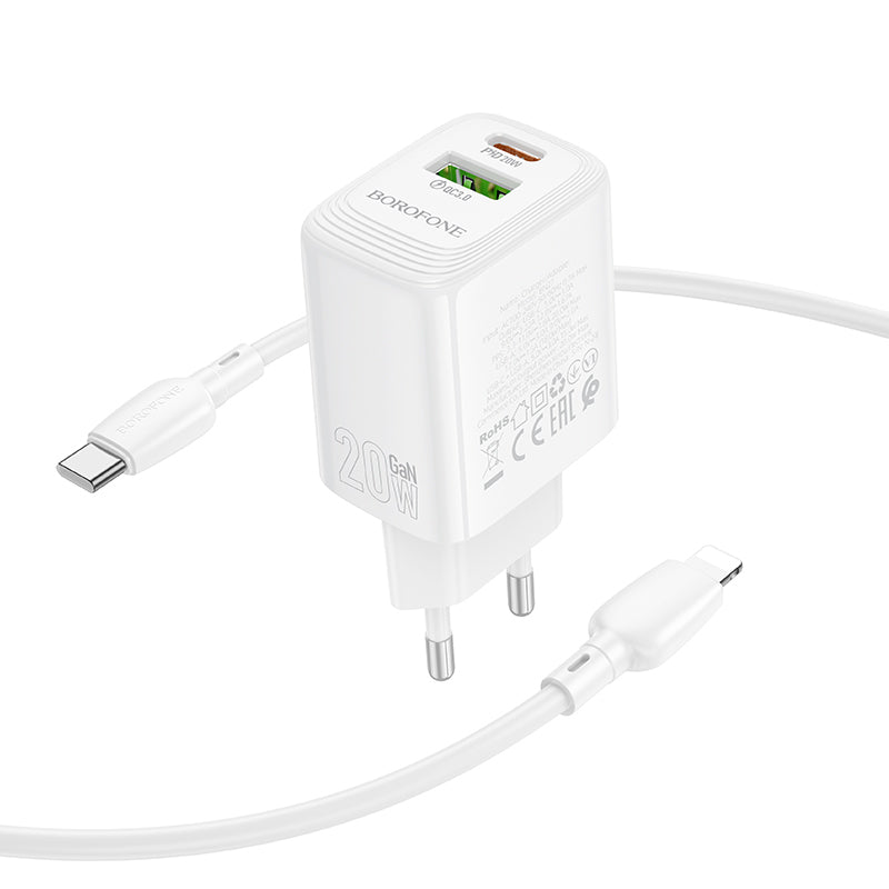 Chargeur réseau avec câble Lightning Borofone BN27 Fuente, 20W, 3A, 1 x USB-A - 1 x USB-C, Blanc