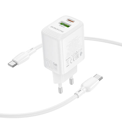 Chargeur réseau avec câble USB-C Borofone BN27 Fuente, 20W, 3A, 1 x USB-A - 1 x USB-C, Blanc