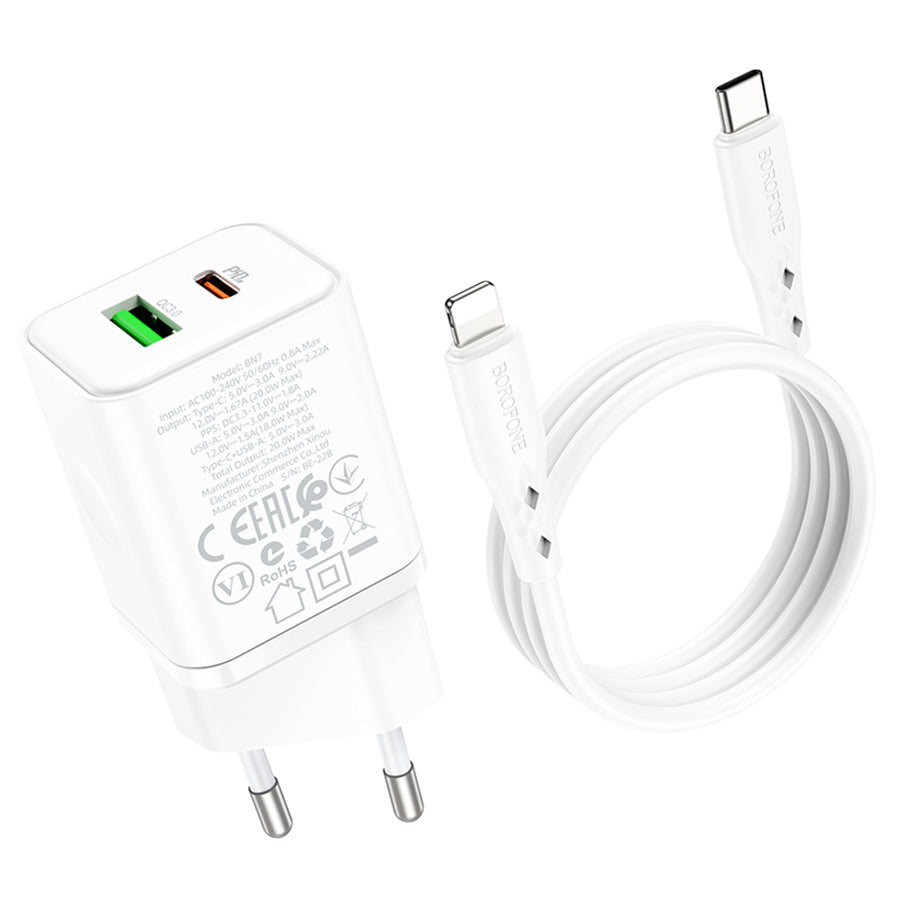 Chargeur réseau avec câble Lightning Borofone BN7, 20W, 3A, 1 x USB-A - 1 x USB-C, Blanc