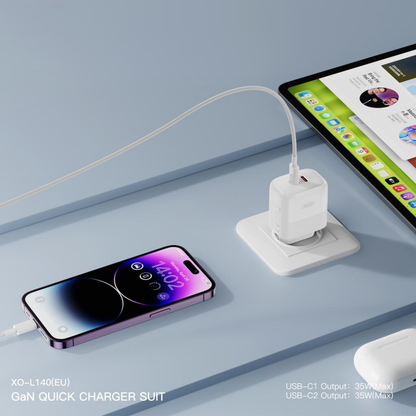 Chargeur réseau avec câble USB-C XO Design L140, 35W, 3A, 2 x USB-C, Blanc